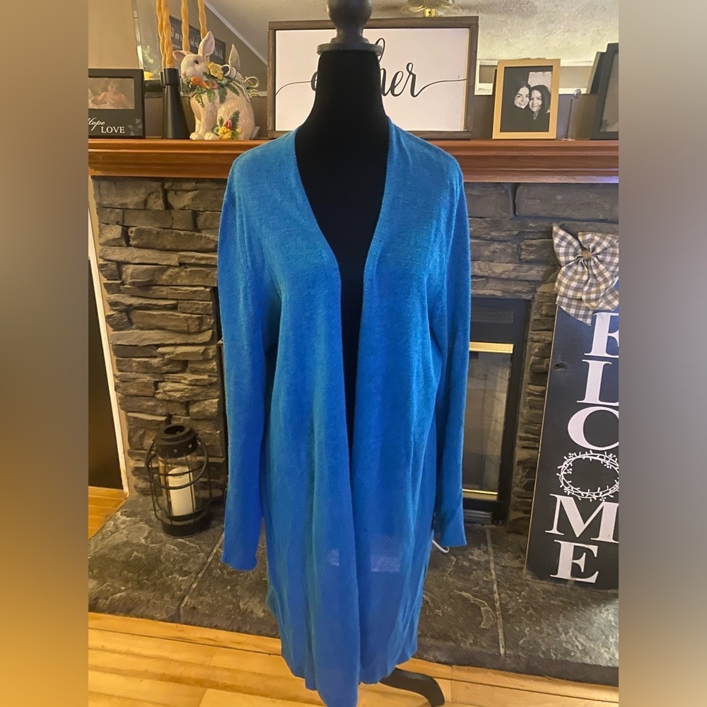 J. Jill Blue Long Line Open-Front Linen Blend Cardigan